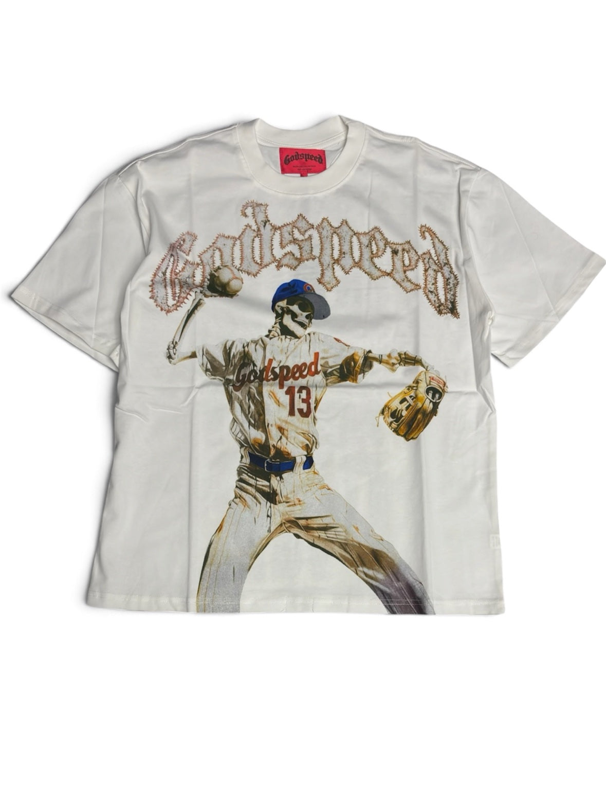 Godspeed white t-shirt with skeleton baseball graphic