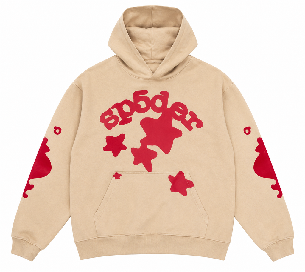 Sp5der Beige Hoodie with Red Logo