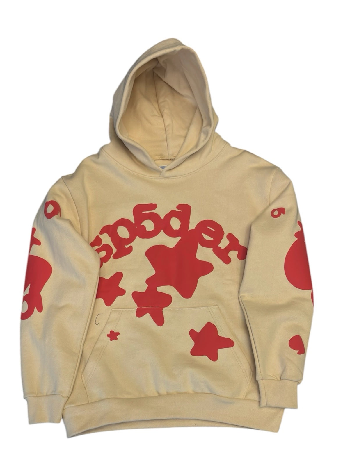 Sp5der Beige Hoodie with Red Logo (L)